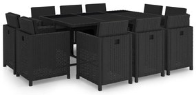 11 pcs conjunto jantar exterior com almofadões vime PE preto