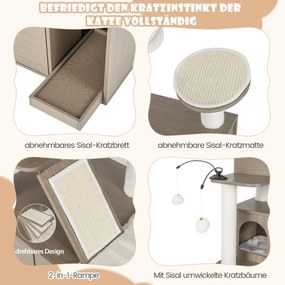 Arranhador com armário sanitário moderno 2 em 1 torre para gatos com caverna 95 x 55,5 x 132 cm cinza