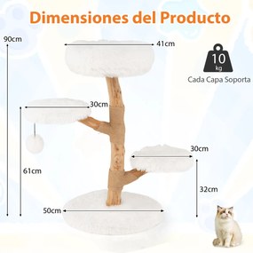Torre para gatos em madeira maciça de pereira 50 x 90 cm (diâmetro x altura) com plataforma, bola suspensa e postes para arranhar brancos