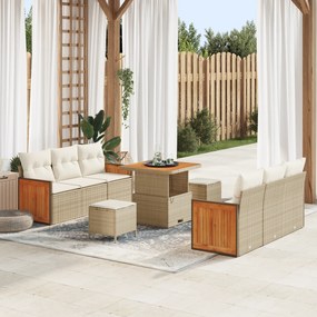 Conjunto de Sofá de Jardim vidaXL 9 Peças com Almofadas Bege Rattan de Poliéster Acácia