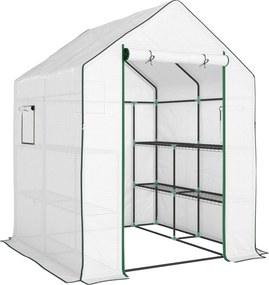 Outsunny Estufa de Jardim Pequena de 3 Níveis com 6 Prateleiras Porta Enrolável e Capa de PE 140x143x190 cm Branco | Aosom Portugal