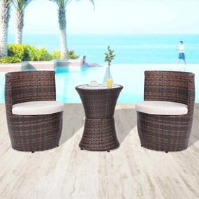 vidaXL 3 pcs conjunto bistrô com almofadas vime PE castanho