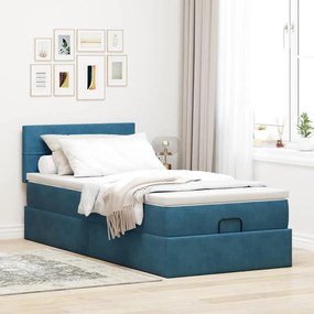 Estrutura cama otomana com colchão azul escuro 90x190cm veludo