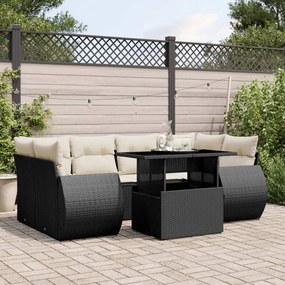 7 pcs conjunto de sofás p/ jardim c/ almofadões vime PE preto