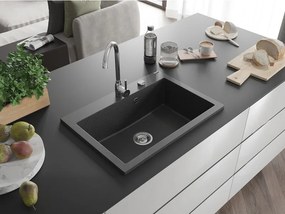 Mexen Elix lava-louça em granito de 1 cuba 700 x 500 mm, preto salpicado, sifão cromado - 6526701005-76