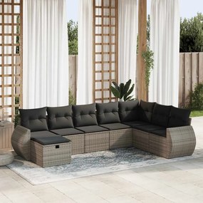 8 pcs conjunto sofás de jardim c/ almofadões vime PE cinzento