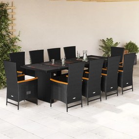 vidaXL 11 pcs conjunto de jantar p/ jardim c/ almofadões vime PE preto