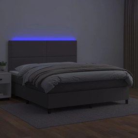 Cama box spring c/ colchão/LED 140x190cm couro artificial cinza