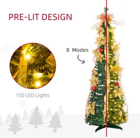 Árvore de Natal Dobrável 150 cm Árvore de Natal Artificial com Luzes LED e Decorações Pré-Instaladas Ø50x150 cm Verde