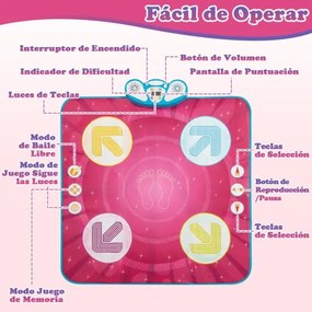 Tapete de dança para crianças com 8 músicas, 3 modos de jogo, ajuste de dificuldade e volume para crianças com mais de 3 anos, 95 x 94 cm, rosa