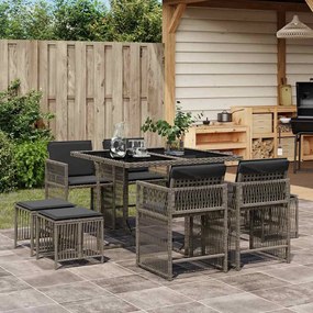 vidaXL 9 pcs conjunto de jantar p/ jardim c/ almofadões vime PE cinza