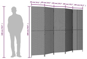 Biombo de divisão 5 painéis vime PE cinzento