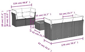 6 pcs conjunto sofás de jardim c/ almofadões vime PE preto