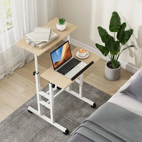 Mesa móvel para laptop com altura ajustável, parte superior dividida e ganchos para pendurar, branca