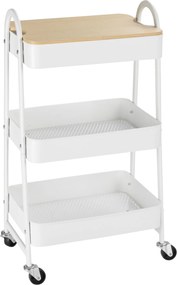HOMCOM Carrinho Auxiliar com Rodas de 3 Níveis Carrinho de Cozinha com 3 Cestas de Aço e 1 Bancada de Madeira 45x31x79,4 cm Branco | Aosom Portugal
