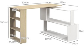 Mesa de Computador Secretária Mesa de Canto Giratória 360° com 5 Prateleiras 120x110x74,5 cm Madeira e Branco