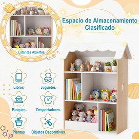 Estante infantil de 3 níveis, 70 x 33 x 92 cm em forma de casa, com prateleiras abertas, organizador de brinquedos em madeira para sala de jogos, quar