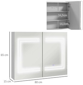 kleankin Armário Casa de Banho com Espelho e Luz LED Interruptor Tátil e Cor da Luz Ajustável 80x15x65 cm Branco Brilhante