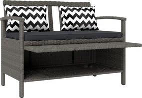 Banco de jardim 112 x 62 x 82 cm de 2 lugares com arrumação de 160 L em rattan PE, com almofada e 2 travesseiros, , cinzento