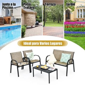 Conjunto jardim de mesa de centro, cadeirão e banco para mobiliário Mesa de jardim em ferro e rede Mesa de centro para terraço exterior Castanho