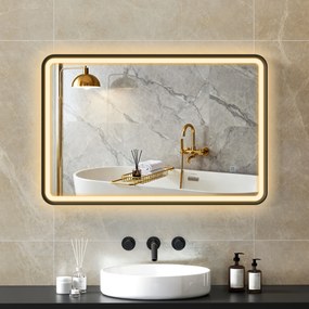 Espelho de casa de banho com iluminação, 90 x 60 cm, espelho LED de parede, antiembaciamento, 3 cores de luz, intensidade regulável, preto