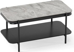Mesa de centro Moderna Retangular 90 x 50 x 45,5 cm de 2 Níveis com Tampo Sinterizado e Estrutura Metálica Cinza