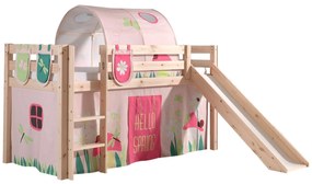 Conjunto Cama alta de Criança PINO 90 x 200 cm + estrado + escada + escorrega + cortina + túnel + bolsas de arrumação Primavera Natural