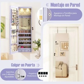 Armário de joias em madeira com espelho de parede e LED interno Organizador de porta ou parede com chave 35,5 x 10 x 120 cm Púrpura
