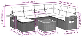 8 pcs conjunto sofás p/ jardim c/ almofadões vime PE cinzento