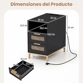 Conjunto de 2 mesas de cabeceira em rattan 60 x 35 x 61 cm com estação de carregamento e 2 gavetas estilo boho com armazenamento aberto preto e dourad