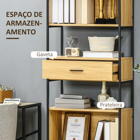 Estante Industrial Estante para Livros com Gaveta e Prateleiras e Estrutura de Metal 60x30x173 cm Madeira e Preto