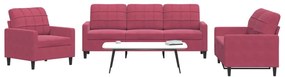 3 pcs conjunto de sofás com almofadões veludo vermelho tinto