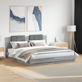 Estrutura de cama c/ cabeceira/luzes LED 200x200cm cinza sonoma
