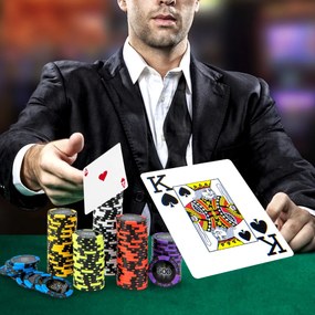 500 fichas de póquer Texas Hold'em com caixa de alumínio, baralhos de cartas, e dados preto