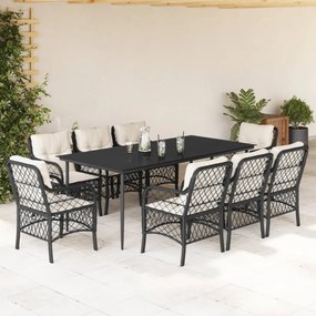 9 pcs conjunto de jantar p/ jardim c/ almofadões vime PE preto