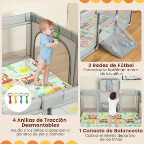 Parque infantil grande para bebés de 188 x 157 cm com aro de basquetebol, baliza, área de jogos com fecho e rede respirável cinzenta