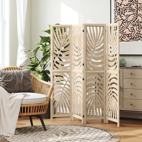 Biombo de interior em madeira com 4 painéis, 160 x 170 cm, dobrável e portátil, com padrão de folhas, design removível, madeira natural