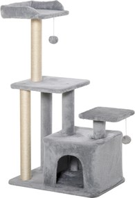 PawHut Arranhador para Gatos Altura 114 cm com Postes de Sisal 3 Plataformas Caverna e 2 Bolas Suspensas Cinza Claro | Aosom Portugal