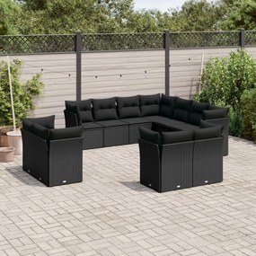 vidaXL 11 pcs conjunto sofás de jardim c/ almofadões vime PE preto