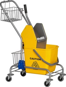 Carrinho de limpeza profissional, espremedor de mangas, balde de 26 L + cesto de arrumação amarelo