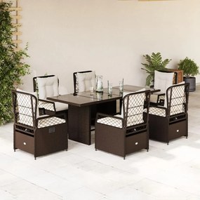 vidaXL 7 pcs conjunto jantar p/ jardim c/ almofadões vime PE castanho
