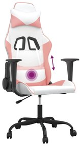 Cadeira gaming massagens couro artificial branco e rosa