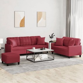 vidaXL 3 pcs conjunto sofás c/ almofadas couro artif. vermelho tinto