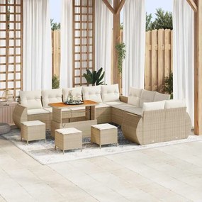 vidaXL Conjunto de sofá de jardim com 14 peças e almofadas em bege, feito de rattan sintético e acácia.