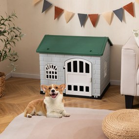 Casota de plástico para cães com 3 janelas e porta com fechadura, telhado inclinado, para interior e exterior, 75 x 58 x 65 cm, verde