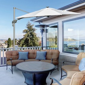 Guarda-sol de alumínio de 300 cm Proteção UV 50+ 360 ° Giratório com manivela e luzes LED Painel solar teto reclinável base cruzada branca