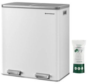 Lixeira dupla SONGMICS, 2 x 30 L de compartimento duplo para cozinha com 15 sacos de lixo, lixeira de pedal de metal com baldes e tampas internas de plástico, fechamento suave, vedação de odor, branco e prata LTB60WT