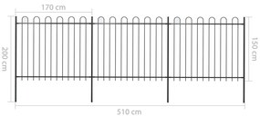 Cerca de jardim com topo em aros 5,1x1,5 m aço preto
