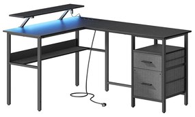 Mesa em L VASAGLE com filtro de linha, mesa de canto, mesa de computador com suporte para tela, mesa de jogos LED, 2 gavetas, 2 portas USB, fácil de montar, para escritório, madeira preta LWD095B01