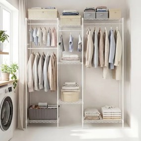 Guarda-roupa aberto portátil 188 x 46 x 198 cm conversível L metálico com 7 prateleiras ajustáveis 4 barras Carga 530 kg Branco